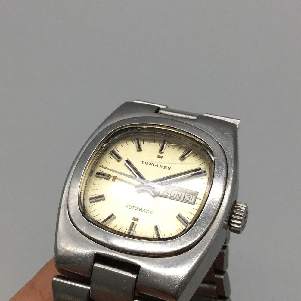 Vintage Longines Mens Watch 27mm Cream Dial Automatic Day Date Stainless 6.25